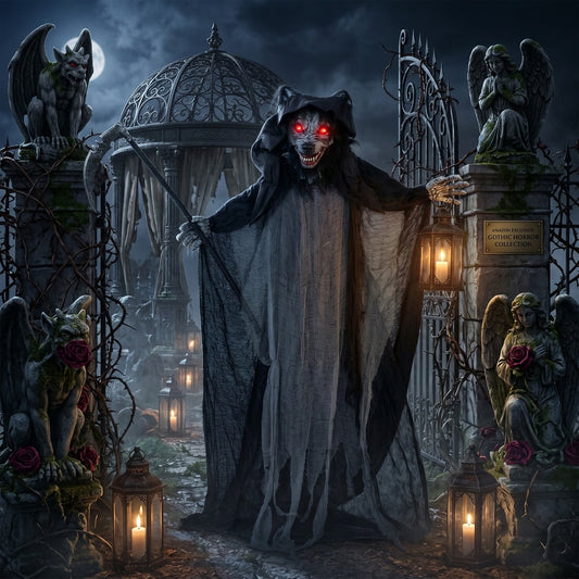 The Halloween werewolf decoration standing in a spooky garden setting