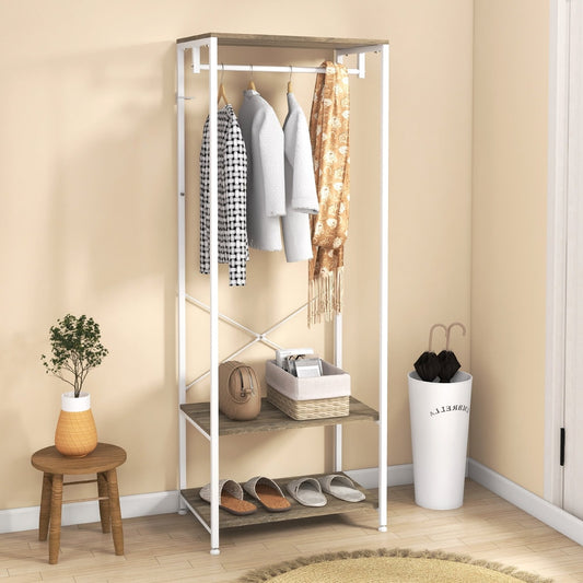 The hallway coat rack and shoe bench tree with clothes and accessories displayed