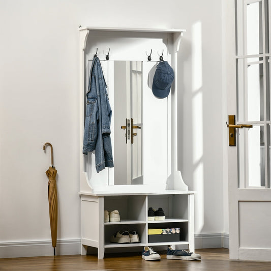 The hallway furniture set in a room with a jacket, cap and shoes on it