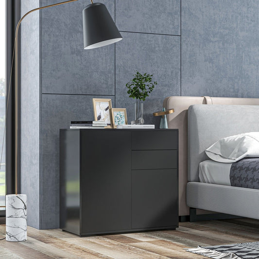 The black storage cabinet in a modern bedroom setting next to a bed