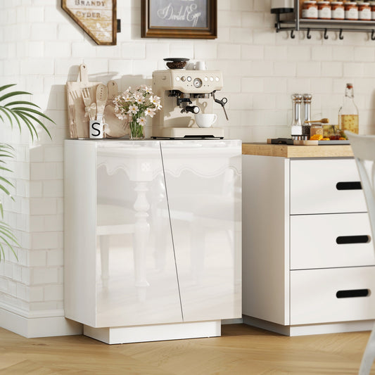 This white storage cabinet is shown in a kitchen setting with a coffee machine and utensils
