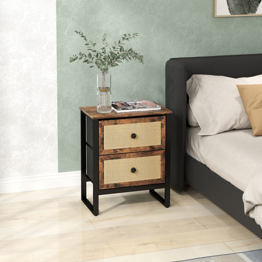 The bedside table with two drawers is placed next to a bed in a bedroom setting