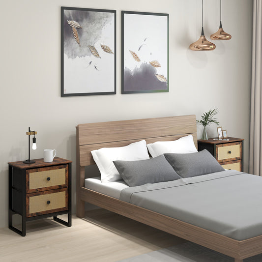 Two industrial style bedside tables in a bedroom setting next to a bed