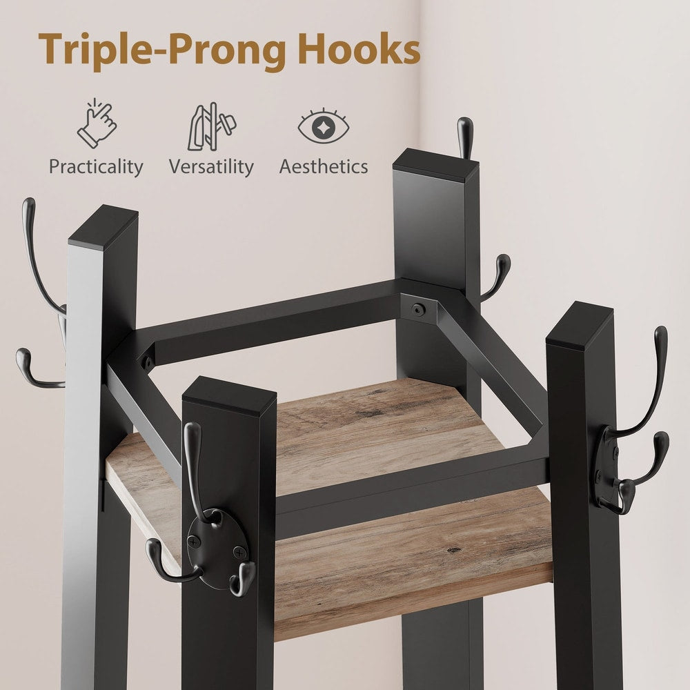 Close up of the coat stand's triple-prong hooks and shelves
