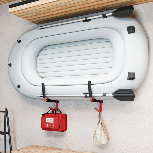 The inflatable kayak storage rack holding a white inflatable kayak with paddles attached
