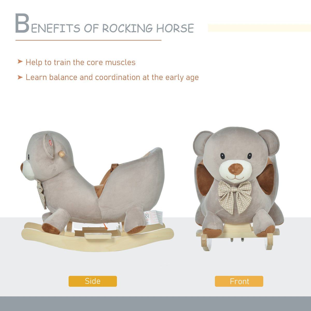 Side and front views of the grey plush bear rocking animal