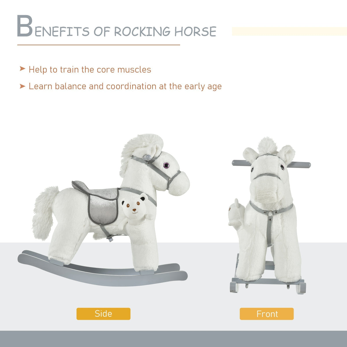 Side and front views of the white plush rocking horse toy