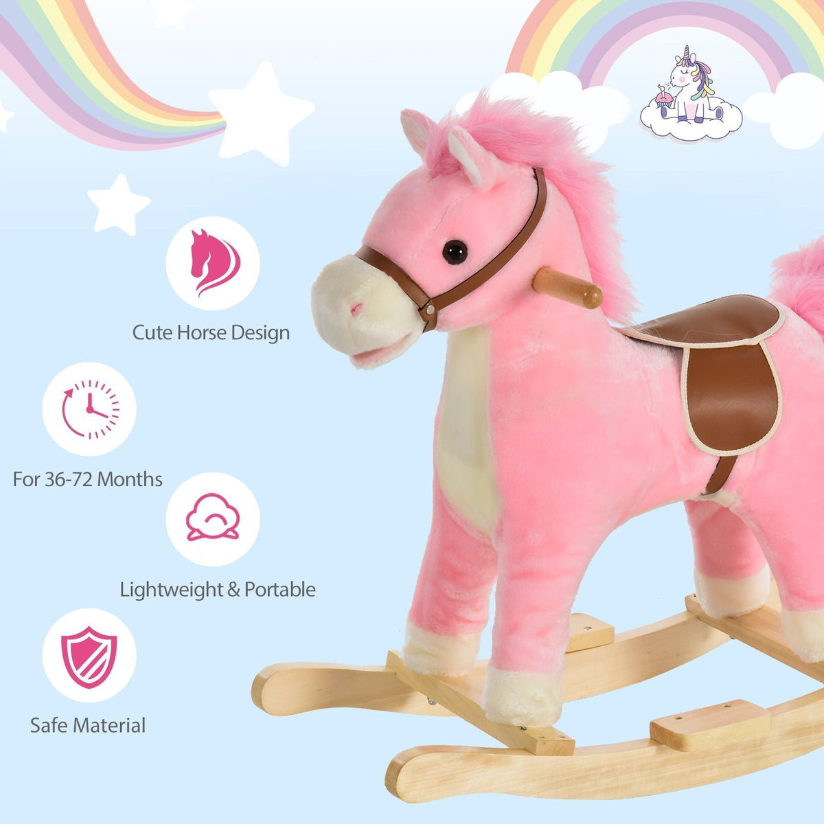 The pink plush rocking horse with text about its benefits and features