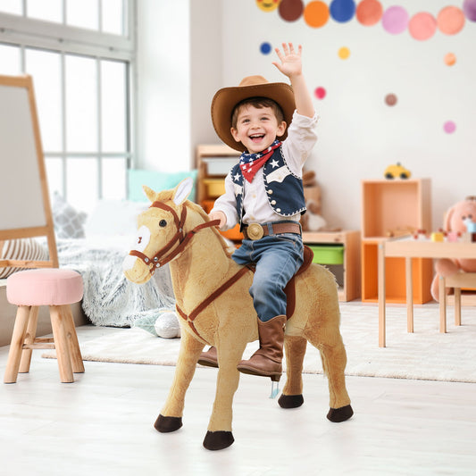 A happy young boy dressed as a cowboy riding the plush pony toy in a bright children's playroom
