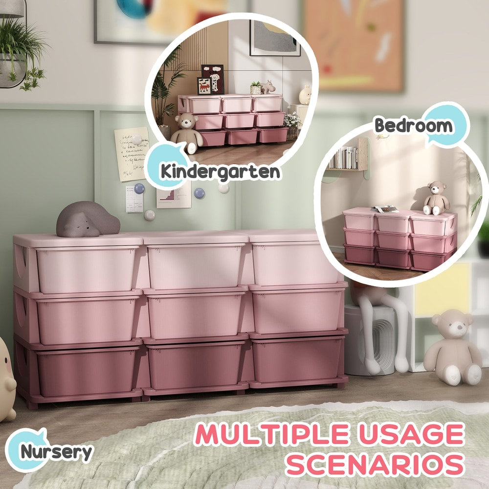 The pink kids storage unit shown in a nursery and a bedroom setting