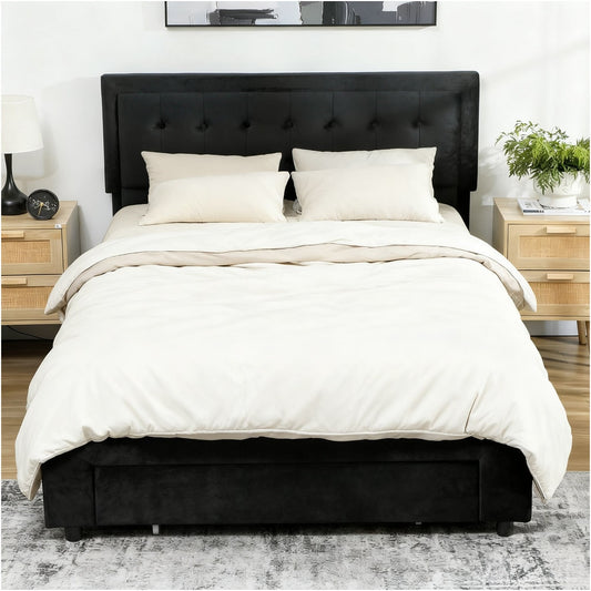 The black upholstered king size bed frame with bedding in a bedroom setting