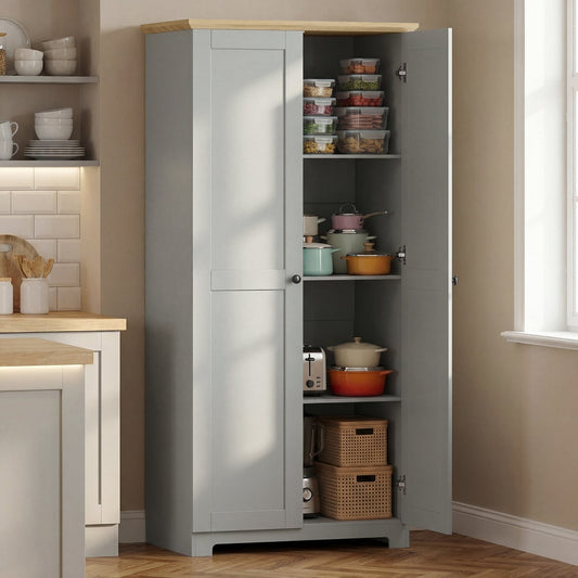 The kitchen furniture is shown in a kitchen setting, filled with cookware and food containers
