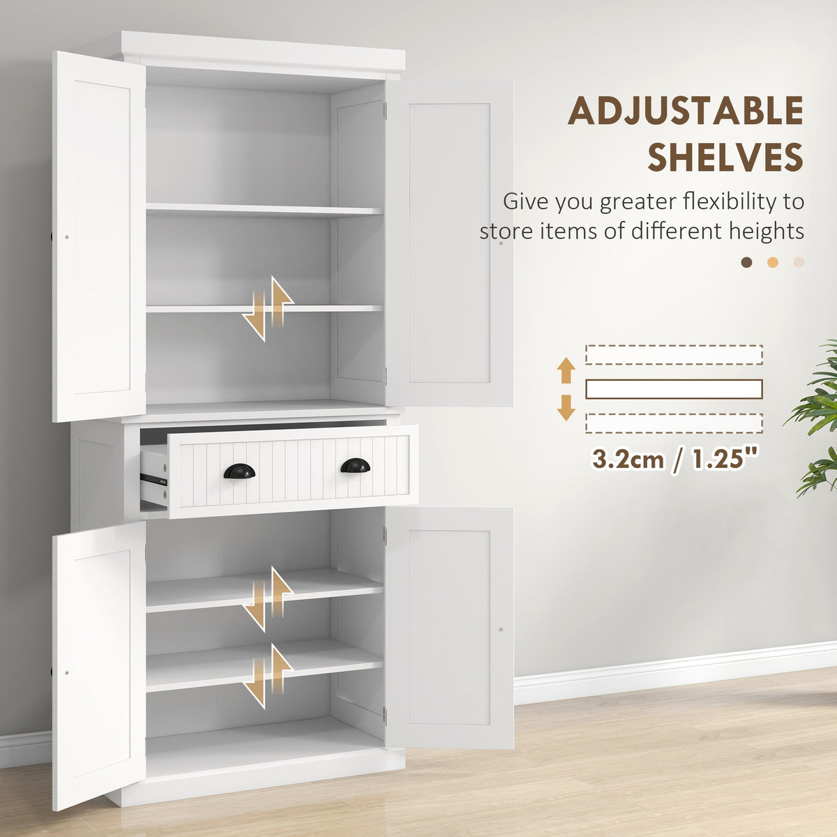 The adjustable shelves in the kitchen storage cabinet can be moved to different heights
