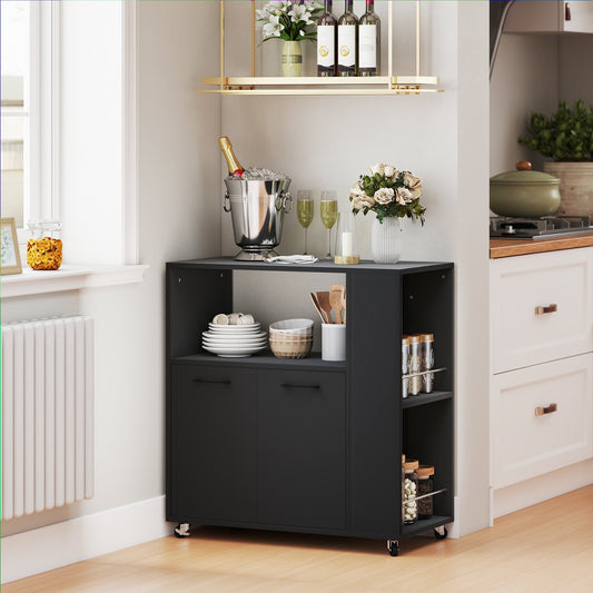 The kitchen trolley in a domestic kitchen setting, holding dishes and bottles