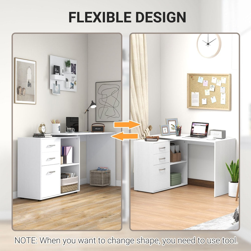 The white L shaped computer desk shown in two possible configurations
