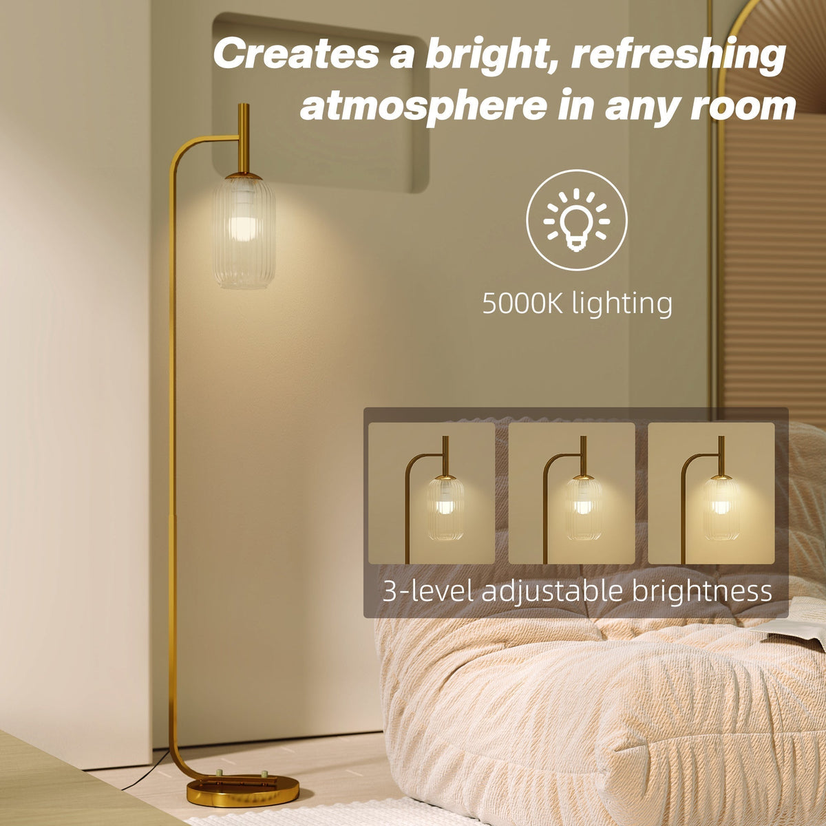 The floor lamp in a bedroom showing three different brightness levels for the light