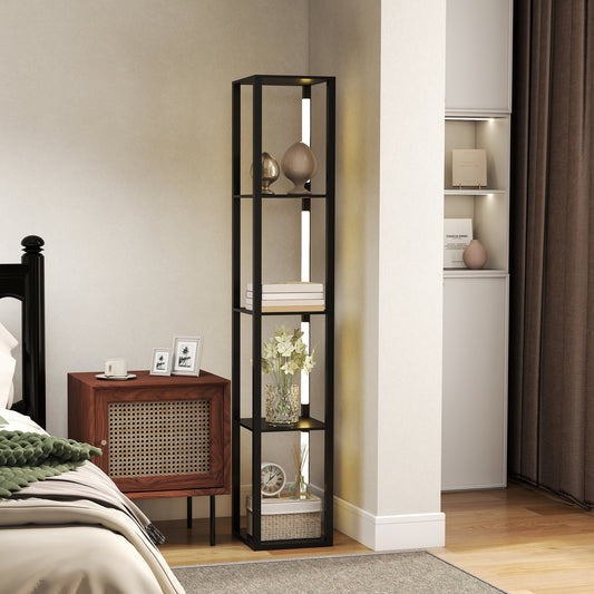 The modern standing lamp in a bedroom setting, placed next to a bed and cabinet