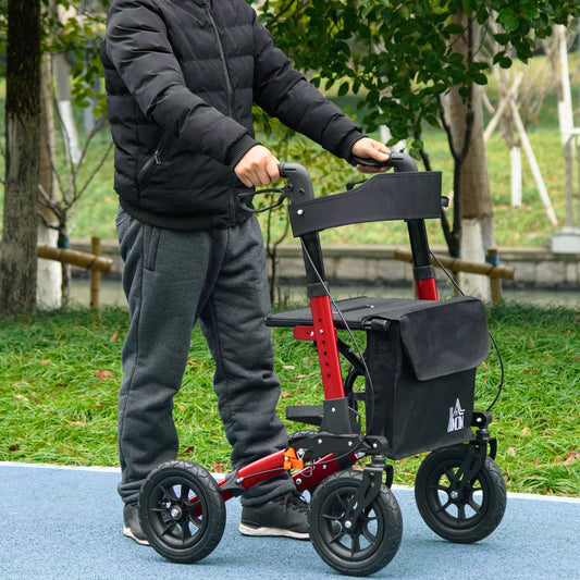 A person using the red walking frame with wheels and a seat on a paved path
