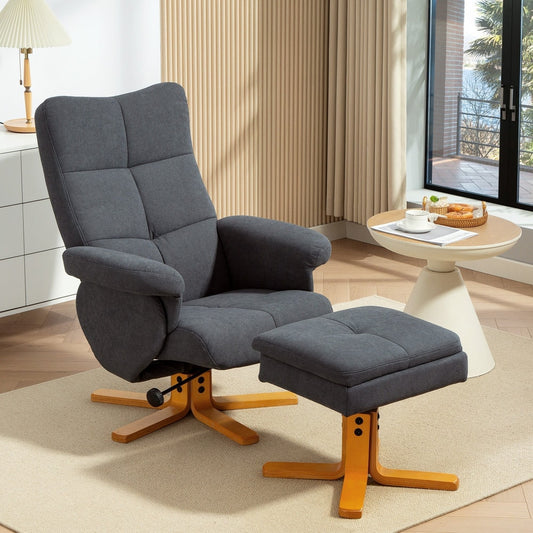 Grey recliner armchair and storage ottoman in a modern living room setting
