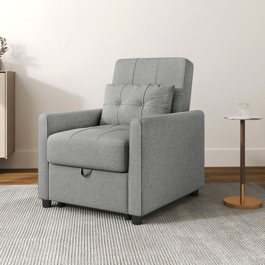 The light grey single chair bed is shown as a compact armchair with a small cushion and storage drawer