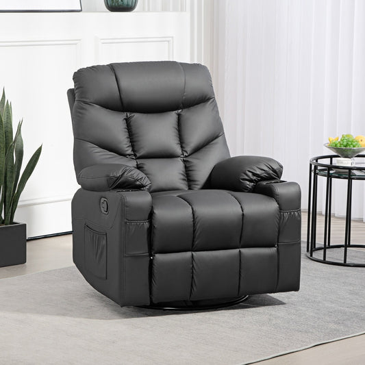 The black faux leather armchair is shown in a modern living room setting with a side table