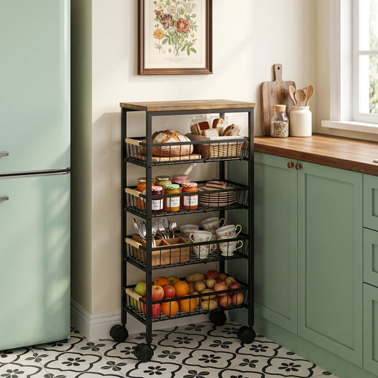 The kitchen trolley filled with fruit, vegetables, and jars, placed next to a retro fridge