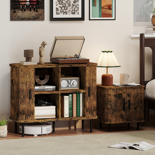 The sideboard cabinet and smaller cabinet in a bedroom setting with a record player and lamp