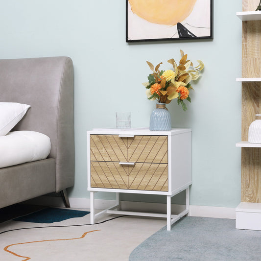 The modern bedside table is shown next to a bed in a bedroom setting