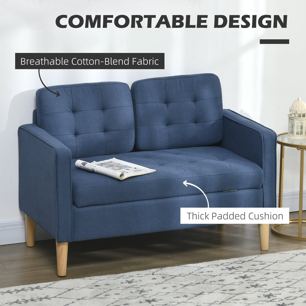 The blue loveseat sofa features a comfortable padded seat and back cushions