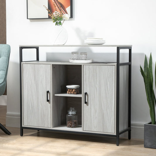 Storage cabinet with two doors, shown in a dining room setting with decorative items