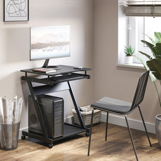 The office desk in a room with a computer, chair and plant