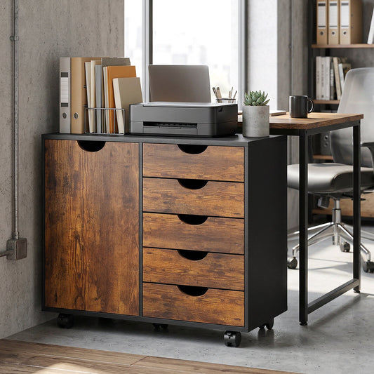 The office storage unit placed next to a desk in a modern home office setting
