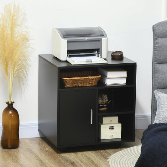 The storage cabinet holding a printer and office supplies in a modern home office setting