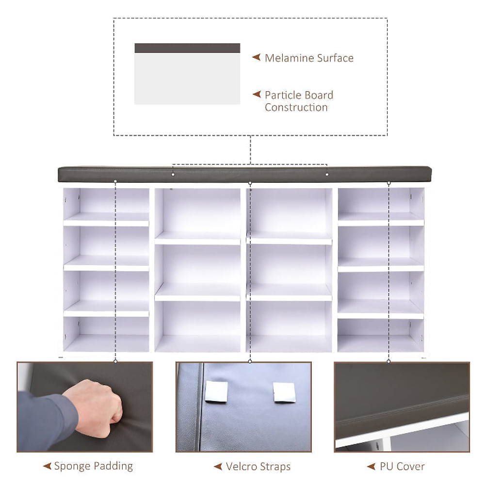 Close-ups of the shoe storage bench construction and materials