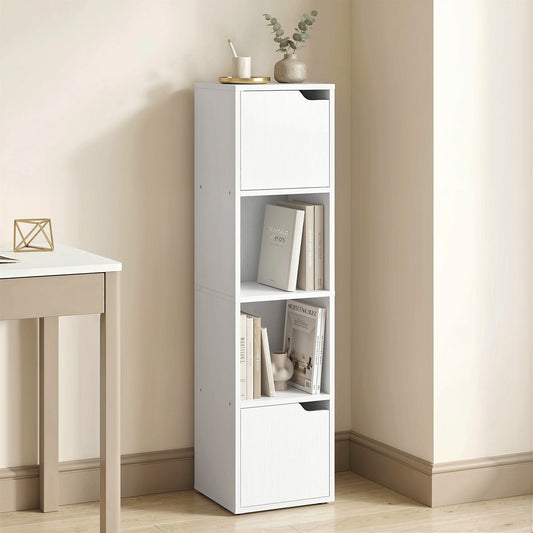 The white four-tier bookcase is shown in a room next to a desk with books on the shelves