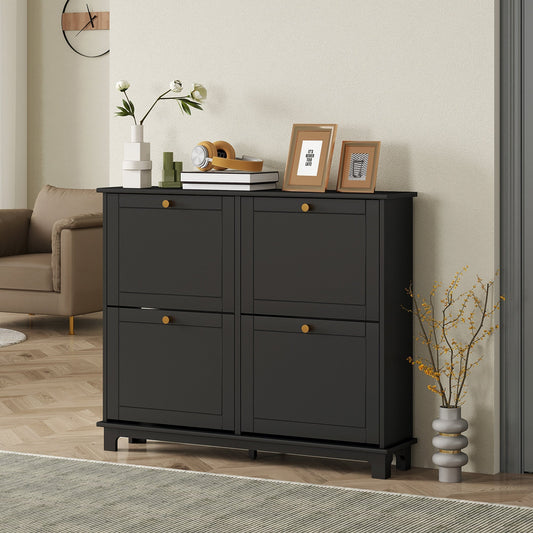 The black shoe storage cabinet in a living room setting with decorative items on top
