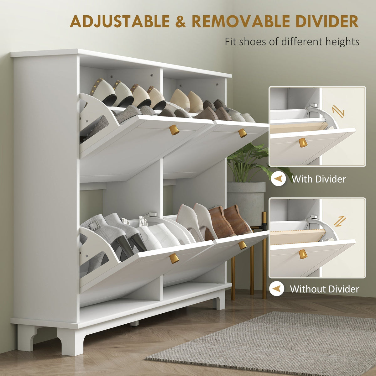A white shoe storage cabinet showing adjustable and removable dividers