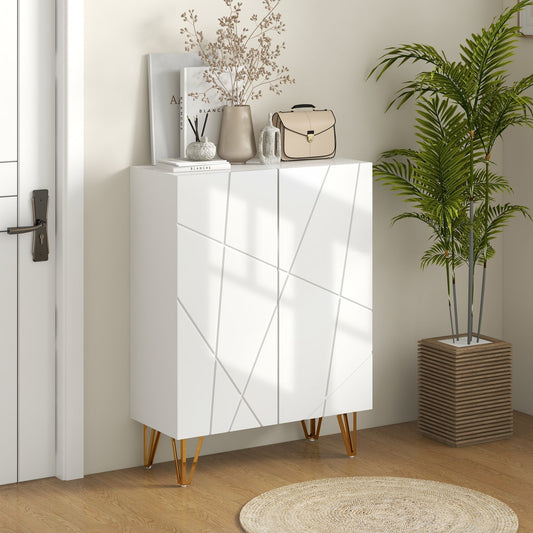 White shoe storage cabinet with gold legs in a hallway setting