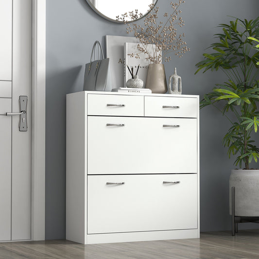 The white shoe cabinet placed in a modern hallway with home decor items on top