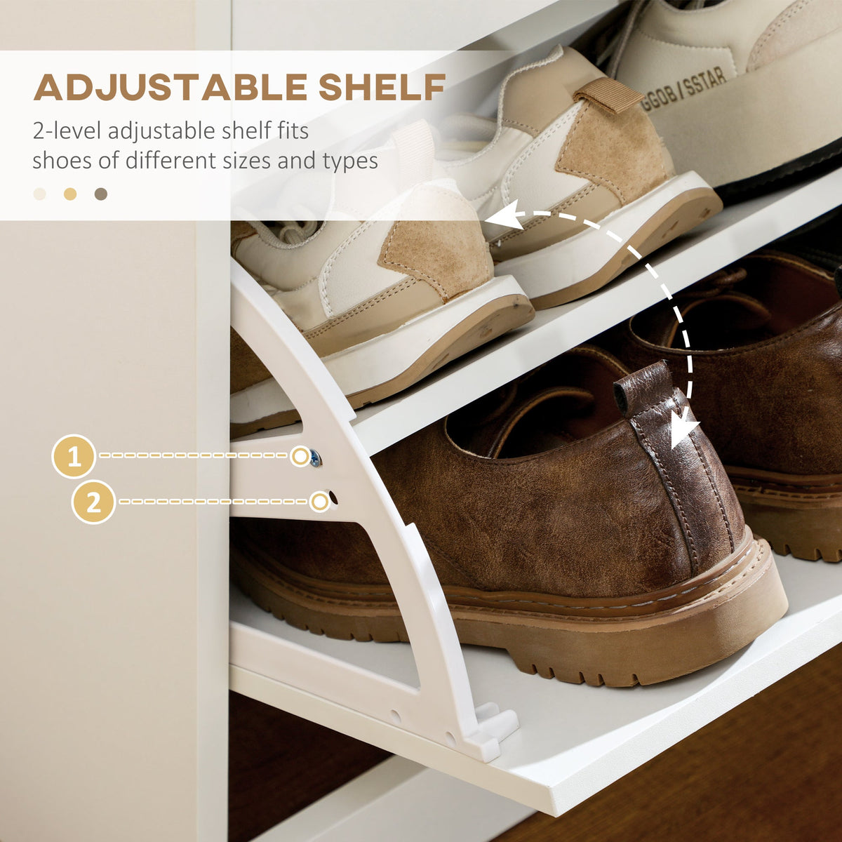 Close up of the shoe storage showing the adjustable shelf mechanism for different sizes