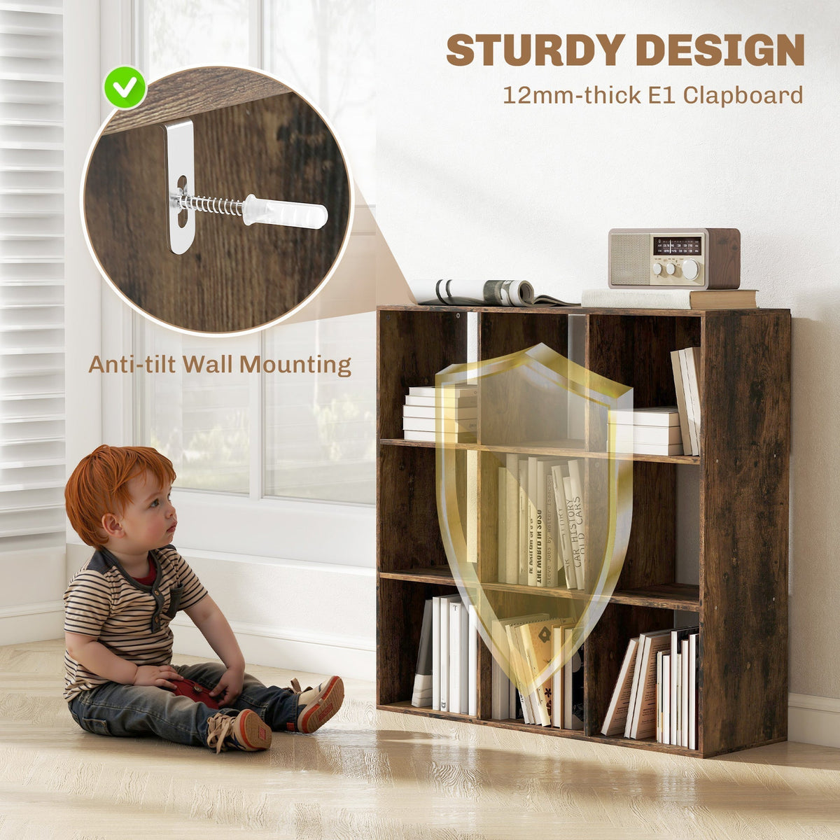 The wooden shelf featuring a close-up of the anti-tilt wall mounting hardware for safety