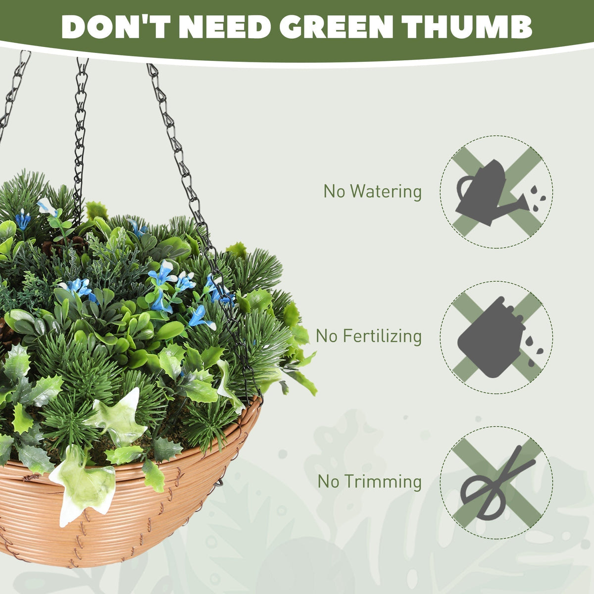 The artificial plants with icons showing no need for watering, fertilising or trimming