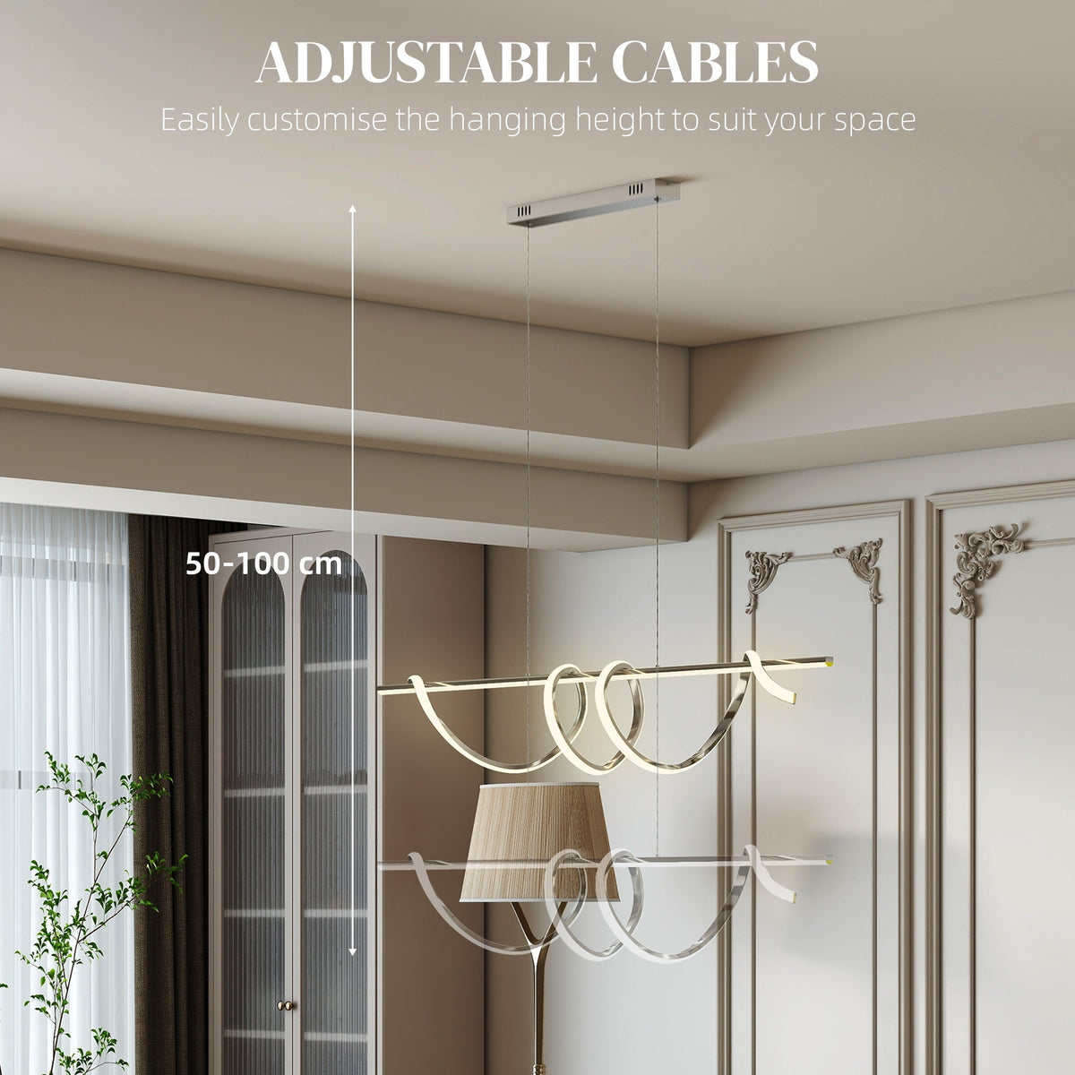 The pendant light with adjustable cables shown with height range