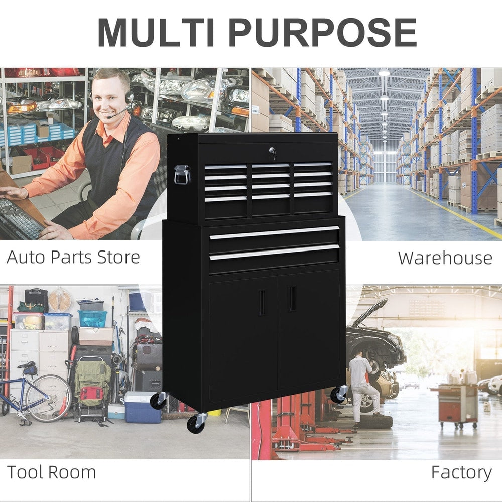 The black metal tool chest on wheels is shown in different settings including an auto parts store and a warehouse