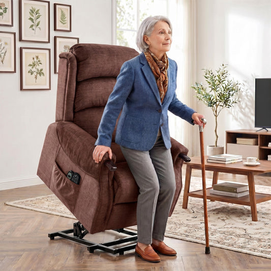 The massage chair in a living room with a woman using a walking stick to stand up