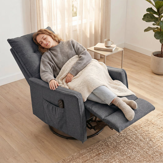 The dark grey chenille armchair is shown with a woman relaxing in it, covered with a blanket