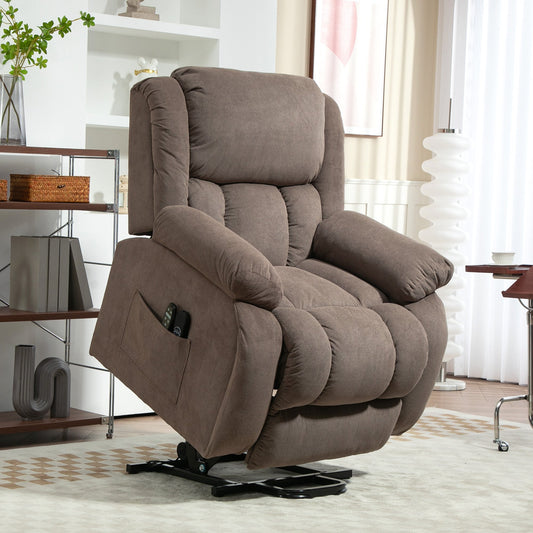 The massage chair positioned in a bright living room next to a metal shelving unit