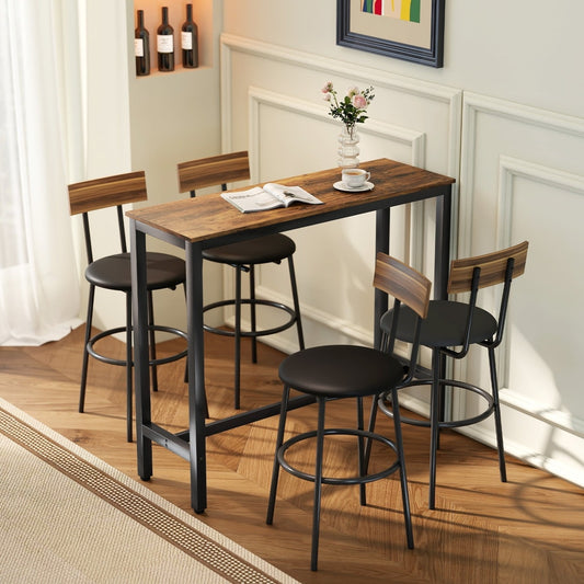 The bar table set up in a dining room with three stools and a vase on the surface