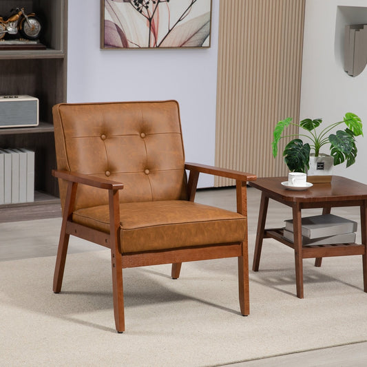 Brown faux leather armchair in a modern living room setting next to a small wooden table