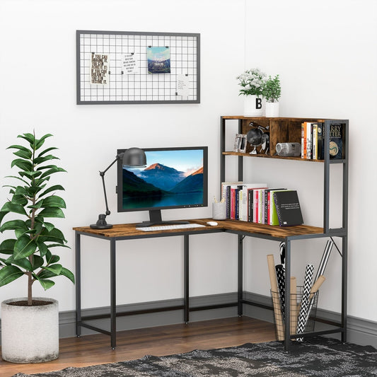 The L shaped desk with a bookshelf unit above the desktop, set up in a home office with a computer and lamp